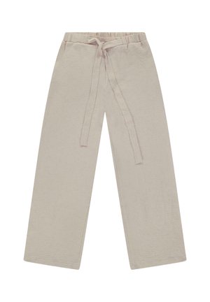 Beige broek met wijde pijpen en een gestructureerde afwerking, voorzien van een strikceintuur en een elastische tailleband voor een verstelbare pasvorm.