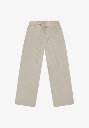 Beige broek met wijde pijpen en een gestructureerde afwerking, voorzien van een strikceintuur en een elastische tailleband voor een verstelbare pasvorm.