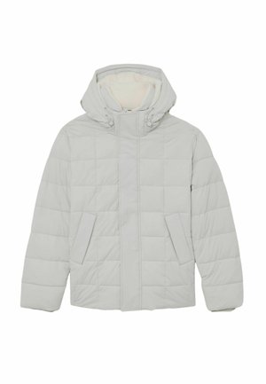 Hellgraue Steppjacke mit einem kapuzenbesetzten Pelzkragen, verfügt über ein quadratisches Steppmuster und zwei Vordertaschen. Weiche Textur und minimalistisches Design.