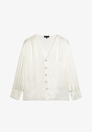 Blusa di satin crema con scollo a V, chiusura a bottoni e maniche lunghe. Presenta un tessuto morbido e drappeggiato e sottili pieghe lungo le spalle.