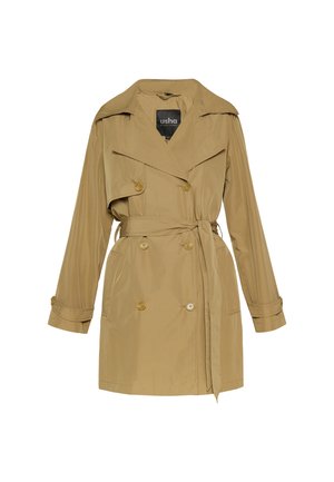 Trench coat beige con diseño de doble botonadura, gran cuello y cintura con cinturón. Presenta puños abotonados y una tela suave y ligera.