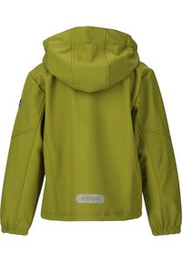 Grønne softshell-jakke med hætte, elastiske manchetter og zigzag-logo detaljer på ryggen. Glat tekstur, afslappet pasform.