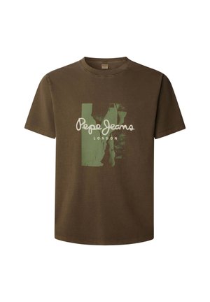 Brūns kokvilnas t-krekls ar zaļu grafisku dizainu un baltu "Pepe Jeans London" tekstu priekšā. Īsās piedurknes un apļa kakla stils.