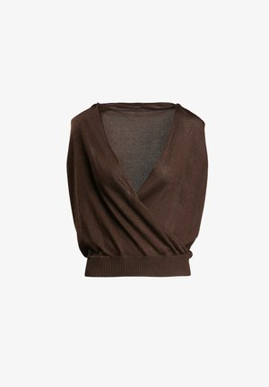 Brown, sleeveless top with a deep V-neck and wrap design. Features a ribbed hem and soft, textured fabric for comfort.