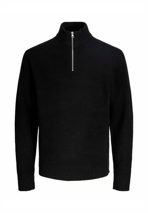 Suéter negro con un cuello alto, cierre de media cremallera, textura acanalada y mangas largas. Diseño sencillo sin patrones ni acentos.