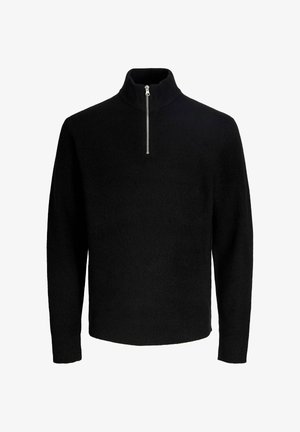 Suéter negro con un cuello alto, cierre de media cremallera, textura acanalada y mangas largas. Diseño sencillo sin patrones ni acentos.