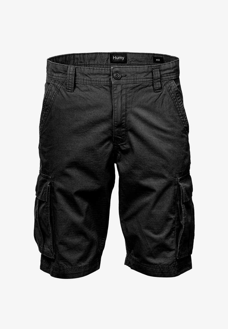 Schwarze Cargo-Shorts aus strapazierfähigem Material, mit Seitentaschen, Knopfverschluss und flachem Frontdesign. Größenetikett: W32.