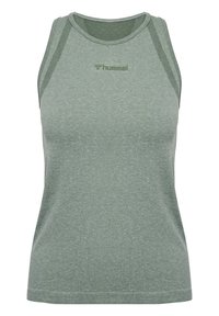 Green athletic tank top with a fitted design, rounded neckline, and mesh accents on the shoulders. Features a small logo on the chest.