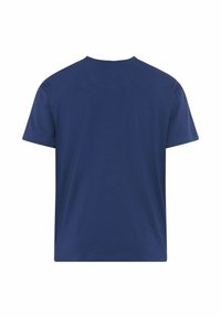 T-shirt blu navy a maniche corte, scollo rotondo, in cotone morbido, design semplice, senza motivi o dettagli visibili sul retro.