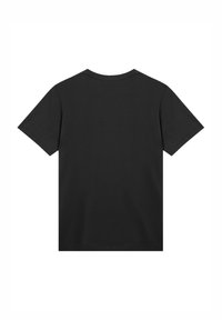Black crew-neck t-shirt with short sleeves. Features a simple design, made of soft cotton material, with a smooth texture and no visible accents.