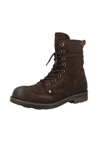 Brown suede lace-up boots with a rounded toe, metallic eyelets, a rubber toe cap, and a textured heel. Features a logo on the side.