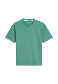 Korte mouwen groene katoenen t-shirt met een ronde halslijn, met een gladde textuur en een minimalist design, zonder zichtbare patronen of accenten.