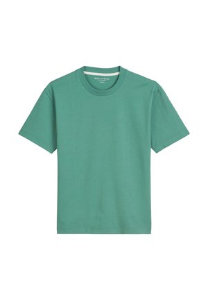 Short-sleeve green cotton t-shirt with a crew neckline, featuring a smooth texture and a minimalist design, no visible patterns or accents.