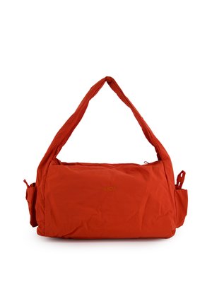 Rode rechthoekige schoudertas met gevoerde riem, zijvakken en een klein "VENEZIA" logo gecentreerd aan de voorkant.