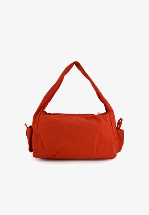 Red rectangular shoulder bag with padded strap, side pockets, and small "VENEZIA" logo centered on the front.