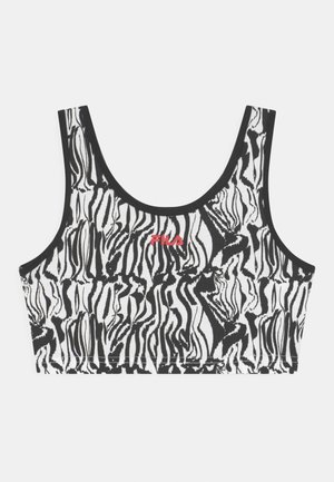 Schwarz-weiß gestreifter Sport-BH im Zebra-Design mit breiten Trägern und rotem FILA-Logo in der Mitte vorne.
