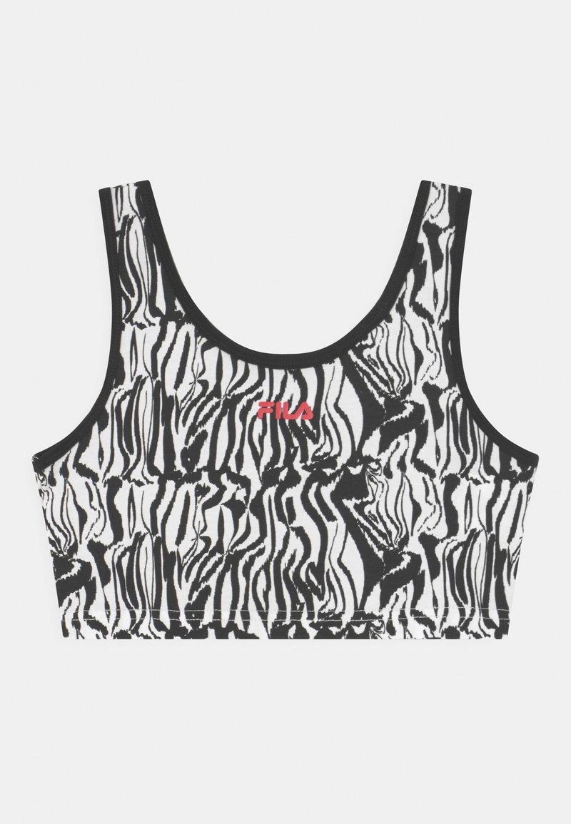 Brassière de sport à imprimé zèbre noir et blanc avec larges bretelles et logo FILA rouge centré à l'avant.
