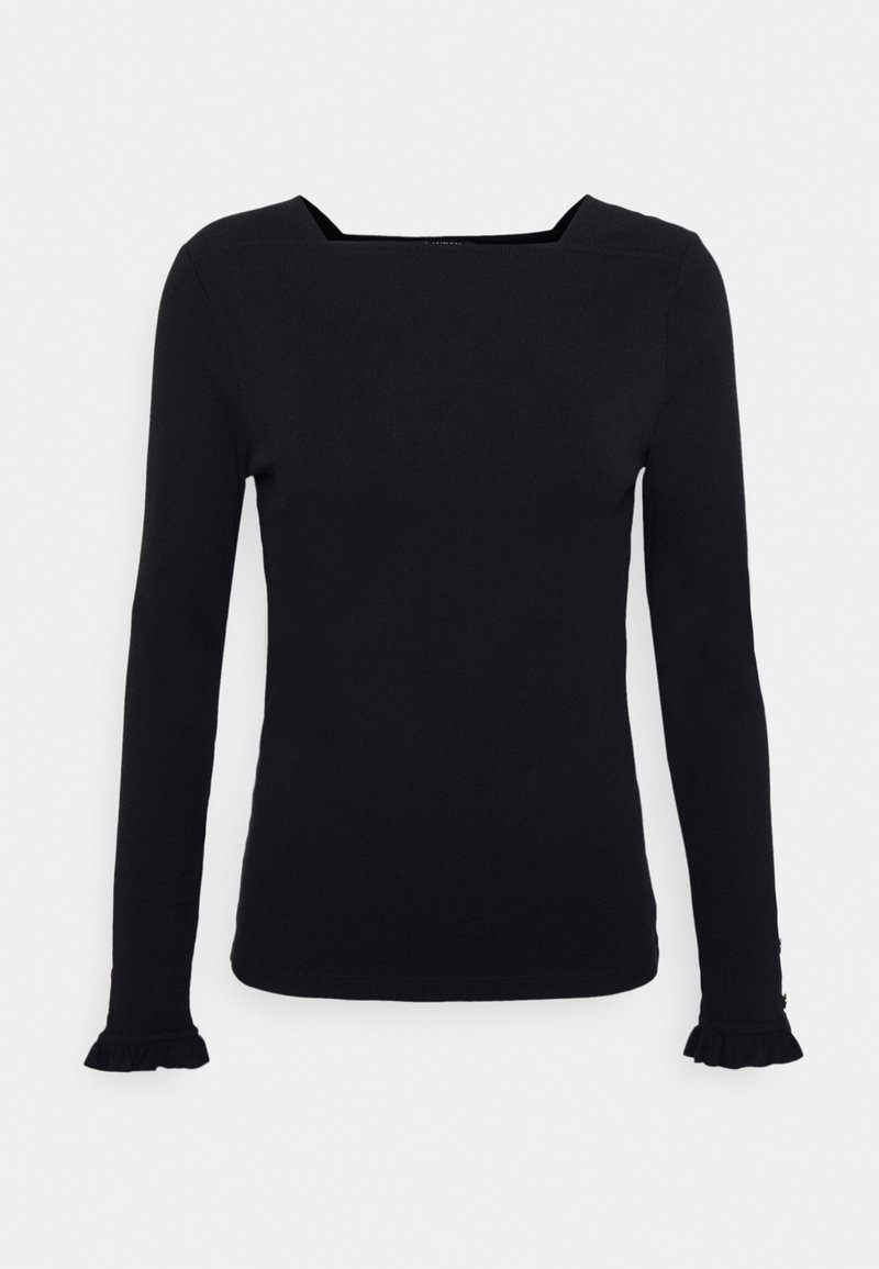 Haut noir à manches longues avec un col carré, design ajusté, texture côtelée et manches à volants. Tissu doux sans quincaillerie ni accents visibles.