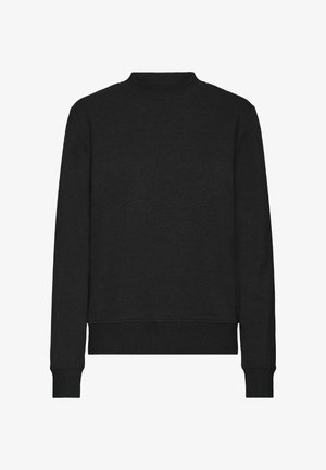 Black sweatshirt with a high neckline, long sleeves, and ribbed cuffs. Made of a textured, stretchy fabric and features a fitted hem.