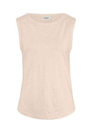 Ärmelloses beigefarbenes Baumwoll-Top mit rundem Ausschnitt und geschwungenem Saum, Größe 36, mit dem Etikett "hessnatur" im Krageninneren.