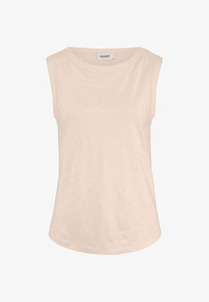 Débardeur beige en coton sans manches avec encolure ronde et ourlet incurvé, taille 36, avec étiquette "hessnatur" à l'intérieur du col.