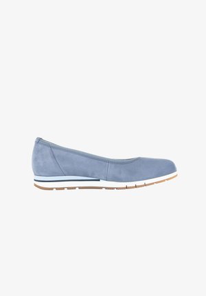 Zapato plano azul tipo mocasín con puntera redondeada y suela con detalles blancos, diseñado para uso casual o de oficina, mostrado de perfil.