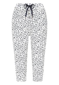Pantaloni a stampa leopardata in bianco e blu navy, con vita regolabile con laccio, tre bottoni e design a caviglia affusolata. Tessuto morbido.