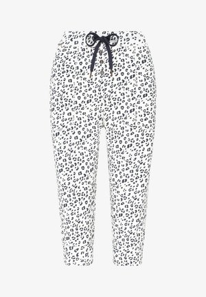 Spodnie w panterkę w białym i granatowym kolorze, z wiązanym paskiem w talii, trzema guzikami i zwężającym się krojem w okolicy kostki. Miękka tekstura materiału.