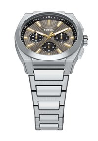 Srebrny zegarek ze stali nierdzewnej z teksturowanym szarym cyferblat, czarnymi subcyframi, złotymi akcentami i bransoletą w formie ogniw.