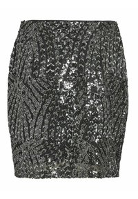Mini falda de lentejuelas negras con un diseño ajustado, que presenta un patrón geométrico y una superficie texturizada creada por múltiples adornos brillantes.