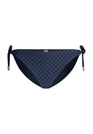 Marineblaue Bikinihose mit Seilmuster, verstellbaren Seitenschnüren mit Metallenden und kleinem „JOOP!“-Markenlabel in der Mitte vorne.