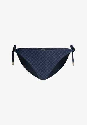 Marineblaue Bikinihose mit Seilmuster, verstellbaren Seitenschnüren mit Metallenden und kleinem „JOOP!“-Markenlabel in der Mitte vorne.