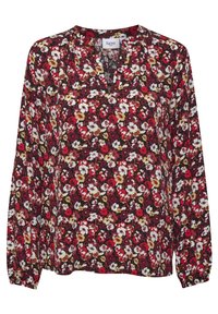 Blus med långa ärmar som har ett blommönster med röda, vita och gula blommor på en mörk bakgrund. Mjuk, lättviktsmaterial med v-ringning.