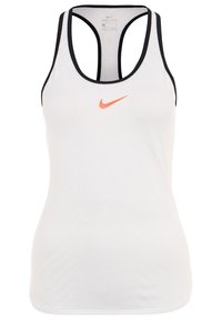 Top bianco senza maniche con texture a rete, bordi neri e un logo Nike arancione sulla parte anteriore. Design a racerback adatto per abbigliamento sportivo.