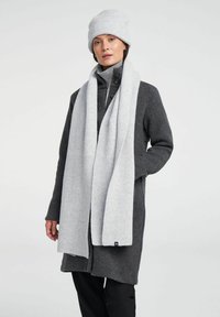 Grijze jas met een hoge kraag en knopen, gecombineerd met een lichtgrijze geribbelde sjaal en bijpassende beanie, allemaal in een zachte brei textuur.