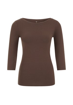 Braunes Langarmoberteil mit rundem Ausschnitt, aus weichem Material. Besitzt ein tailliertes Design und eine glatte Textur.