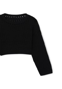 Schwarzer gestrickter kurz geschnittener Pullover mit strukturiertem Muster, rundem Halsausschnitt und langen Ärmeln. Verfügt über offene Strickdetails entlang des Körpers.