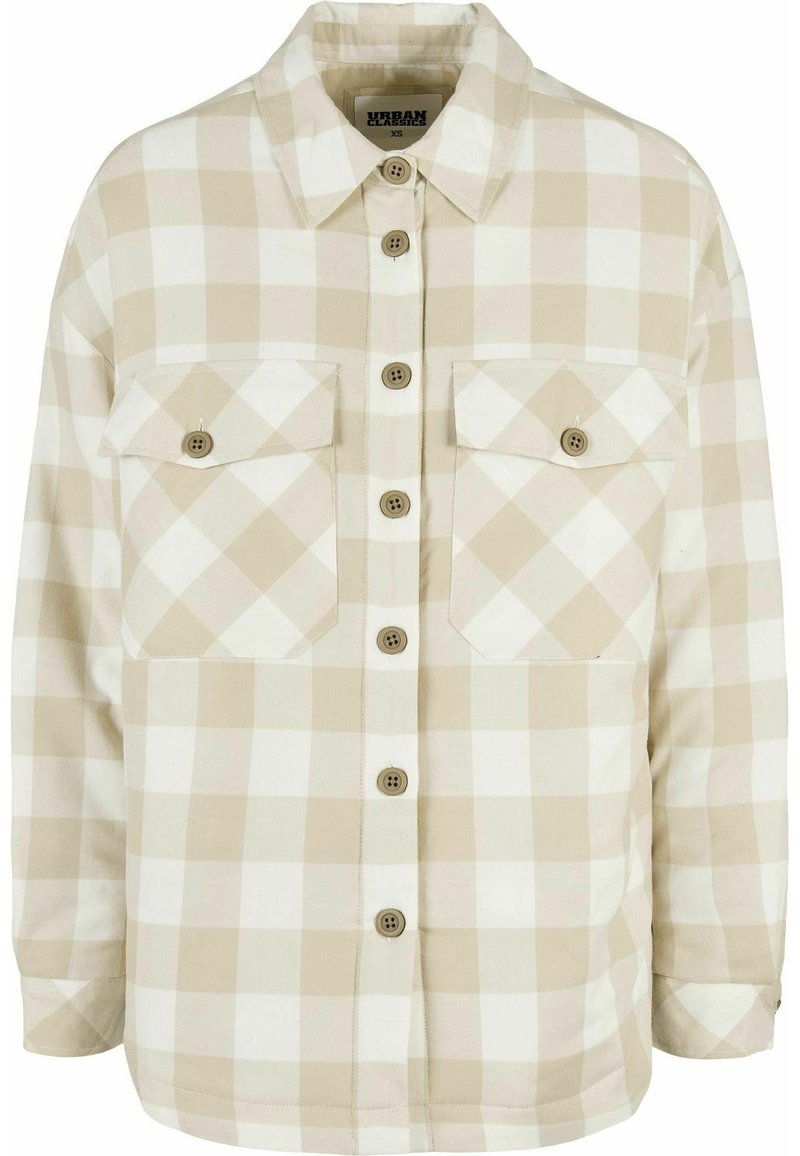 Camicia a maniche lunghe a quadri beige e bianca. Realizzata in tessuto con una texture morbida, presenta due tasche sul petto e bottoni marroni.