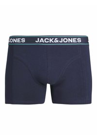 Boxer shorts de color azul marino fabricados con una mezcla de algodón, con una cinturilla elástica blanca en contraste que lleva el logo "JACK & JONES" y un diseño ajustado.