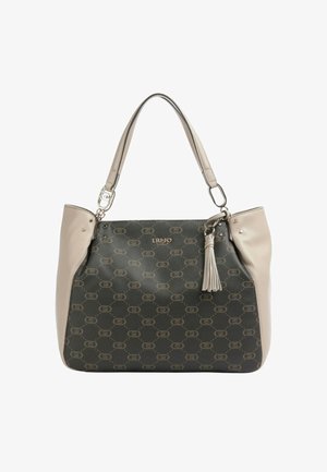 Borsa tote in ecopelle verde scuro e beige, con motivo a logo ripetuto, dettaglio con nappina e accenti in metallo argentato.