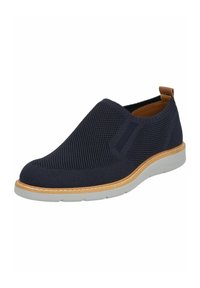 Scarpa slip-on in tessuto a rete traspirante blu navy, con pannelli laterali elasticizzati, punta rotonda e suola in gomma grigio chiaro con accenti beige.