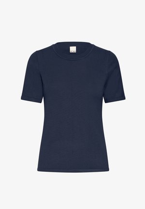 Donkerblauw T-shirt met korte mouwen, gemaakt van zachte geribbelde stof, met een ronde hals en een aansluitende pasvorm zonder extra patronen of accenten.
