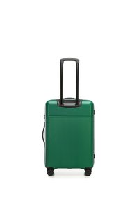 Groene hard-shell koffer met ribbelstructuur, inklapbare zwarte handvat en zwarte wielen. Compact rechthoekig ontwerp geschikt voor reizen.