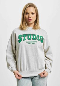 Grå hettegenser med grønn tekst "STUDIO THE HAMPTONS EST. 1995." Har en løs passform, ribbede mansjetter og et båndet hem.