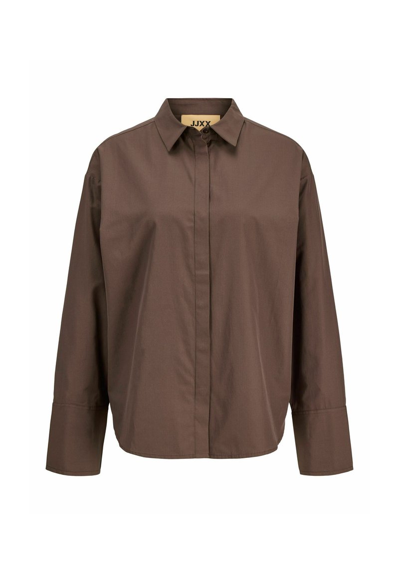 Camicia marrone con bottoni realizzata in tessuto leggero. Caratterizzata da un colletto a punta, maniche lunghe e una vestibilità rilassata. Texture liscia.