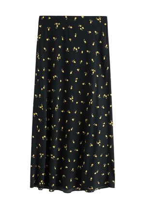 Sort midi-nederdel med små gule citrontryk jævnt fordelt over stoffet, der har en flydende og glat tekstur.