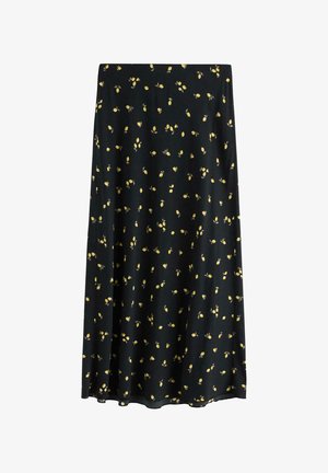 Sort midi-nederdel med små gule citrontryk jævnt fordelt over stoffet, der har en flydende og glat tekstur.