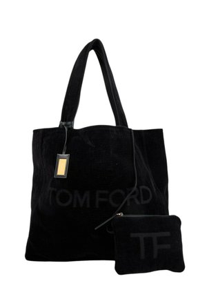 Bolso tote negro con dos asas y un pequeño bolso adjunto, ambos con discreto branding "Tom Ford".