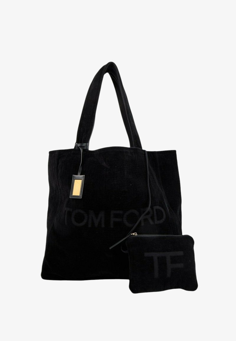 Sac fourre-tout noir avec deux anses et petite pochette attachée, tous deux présentant un marquage subtil "Tom Ford".
