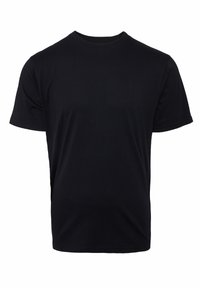 Camiseta de algodón negra con cuello redondo, mangas cortas y un corte estándar. Textura suave, sin patrones ni acentos visibles.